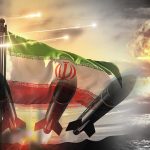 A digital composite of the Iranian flag, ballistic missiles, and a nuclear mushroom cloud.