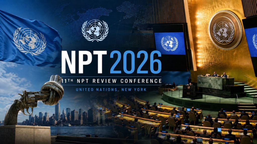 Graphic for the 11th NPT Review Conference in 2026 featuring the UN General Assembly and a knotted gun statue.