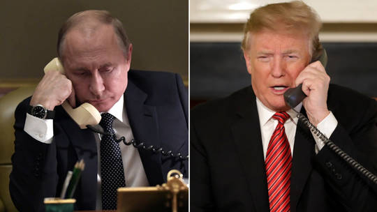 Split screen showing Vladimir Putin and Donald Trump both speaking on landline telephones.