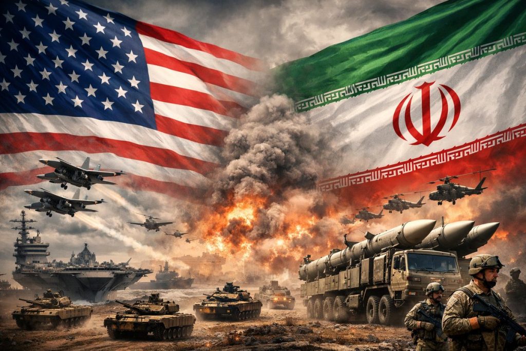 Digital collage depicting military tension between the United States and Iran flags.