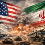 Digital collage depicting military tension between the United States and Iran flags.