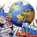 Political cartoon illustration of a globe surrounded by the flags of global superpowers like the US, China, and Russia amidst crumbling classical pillars, symbolizing a fractured multipolar world.