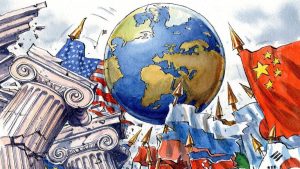 Political cartoon illustration of a globe surrounded by the flags of global superpowers like the US, China, and Russia amidst crumbling classical pillars, symbolizing a fractured multipolar world.