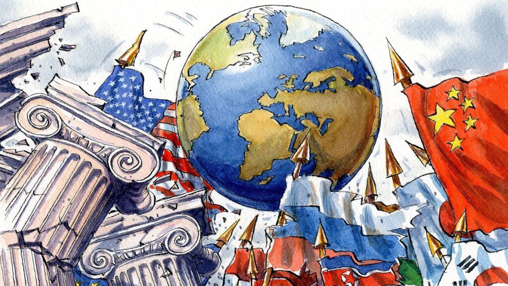 Political cartoon illustration of a globe surrounded by the flags of global superpowers like the US, China, and Russia amidst crumbling classical pillars, symbolizing a fractured multipolar world.