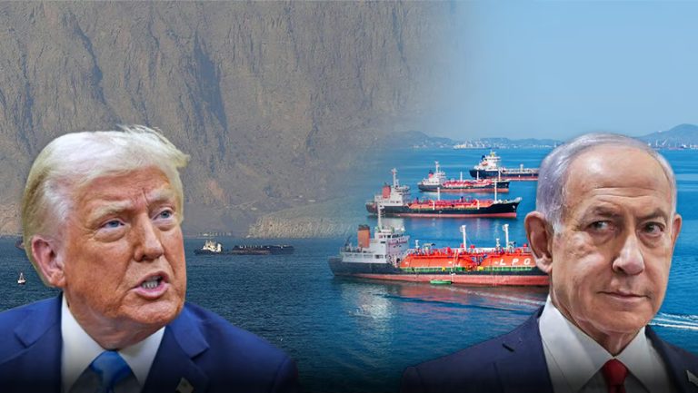 A composite image featuring Donald Trump and Benjamin Netanyahu set against a backdrop of industrial oil tankers at sea.