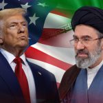 Donald Trump and an Iranian official superimposed over American and Iranian flags.