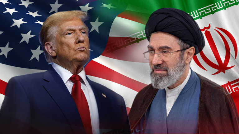 Donald Trump and an Iranian official superimposed over American and Iranian flags.