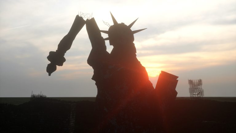 A silhouette of a crumbling Statue of Liberty against a setting sun, symbolizing national decline.