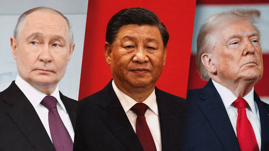 Portrait montage of world leaders Vladimir Putin, Xi Jinping, and Donald Trump.