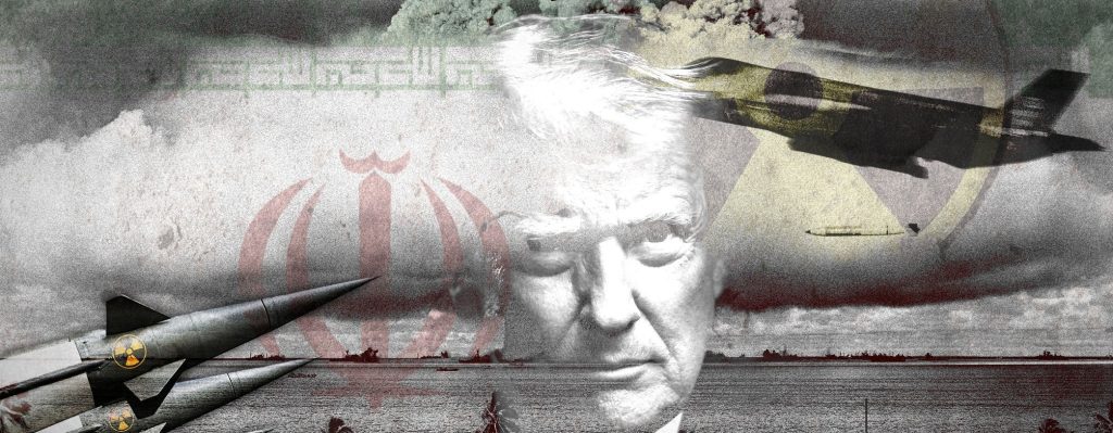 Artistic representation of Donald Trump overlaid on an Iranian flag with fighter jets and nuclear missiles.