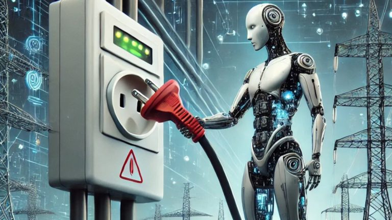 An artistic representation of a humanoid robot plugging a power cord into an electrical outlet near power lines.