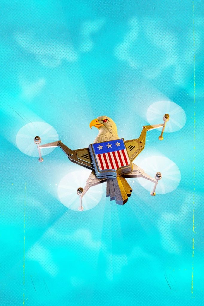 A stylized graphic featuring a bald eagle head attached to a futuristic drone body with the American flag pattern on its center, set against a bright blue sky.