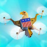 A stylized graphic featuring a bald eagle head attached to a futuristic drone body with the American flag pattern on its center, set against a bright blue sky.