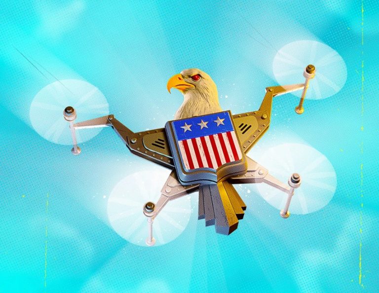 A stylized graphic featuring a bald eagle head attached to a futuristic drone body with the American flag pattern on its center, set against a bright blue sky.