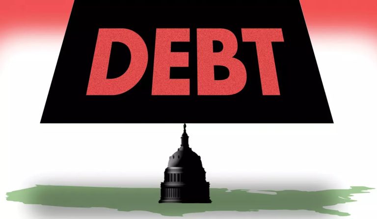 A graphic illustration of the word "DEBT" looming heavily over the US Capitol building.