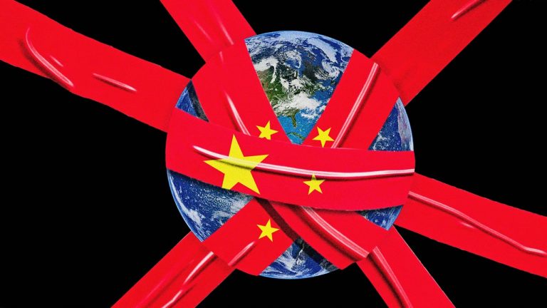 An illustration of the planet Earth wrapped in red bands featuring the yellow stars of the Chinese flag.