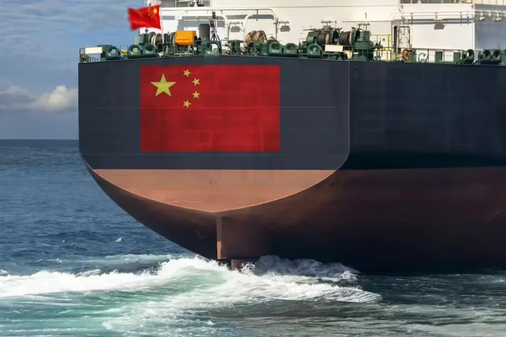A large cargo ship featuring the Chinese flag sailing on the open sea.