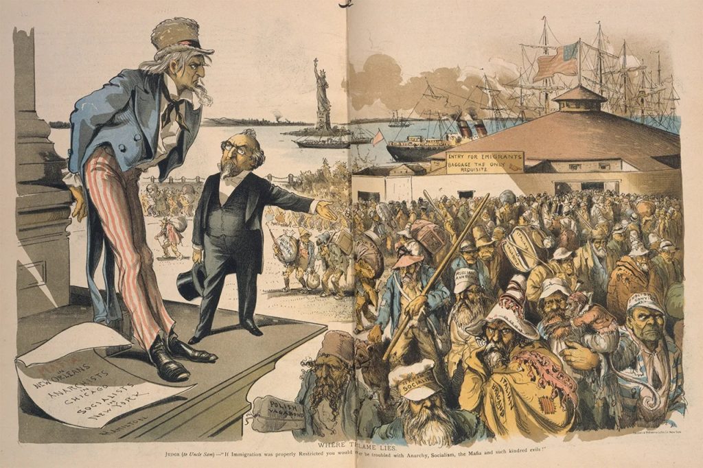 An 1894 political cartoon titled "Where the Blame Lies," showing Uncle Sam standing on a platform looking at a crowd of stereotyped immigrants entering the United States.