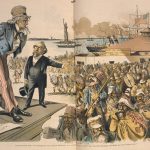 An 1894 political cartoon titled "Where the Blame Lies," showing Uncle Sam standing on a platform looking at a crowd of stereotyped immigrants entering the United States.