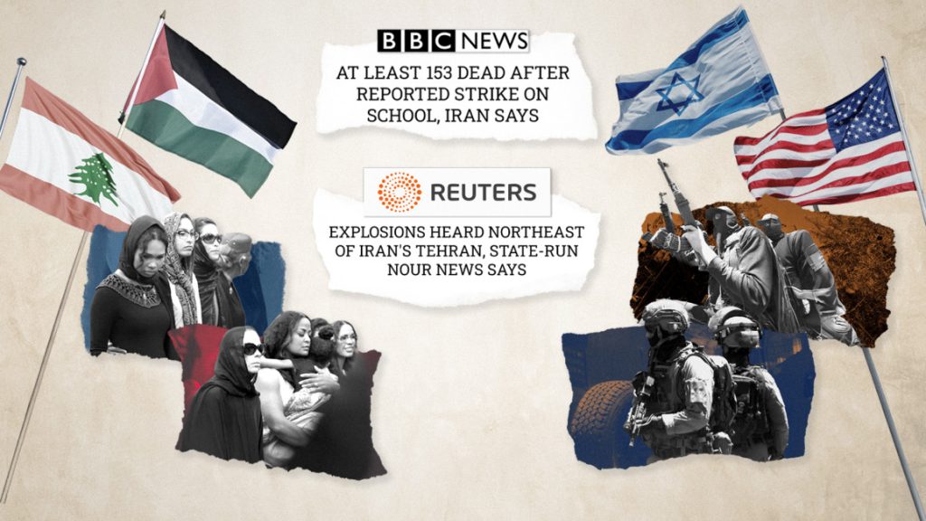 A collage featuring flags, news headlines from BBC and Reuters, and contrasting imagery of civilians and soldiers to illustrate media framing.