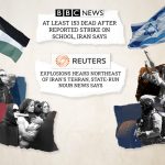 A collage featuring flags, news headlines from BBC and Reuters, and contrasting imagery of civilians and soldiers to illustrate media framing.