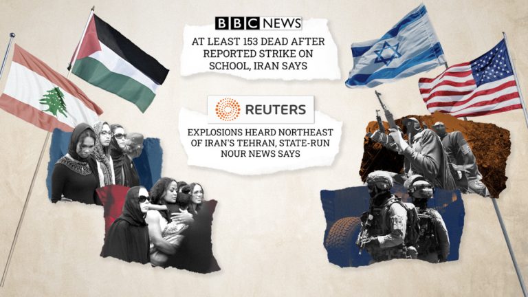 A collage featuring flags, news headlines from BBC and Reuters, and contrasting imagery of civilians and soldiers to illustrate media framing.