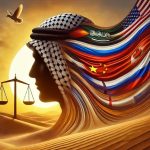 Artistic conceptual representation of a Middle Eastern figure integrated with international flags and a scale of justice.