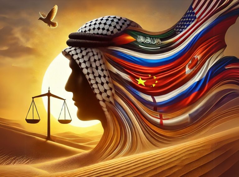 Artistic conceptual representation of a Middle Eastern figure integrated with international flags and a scale of justice.