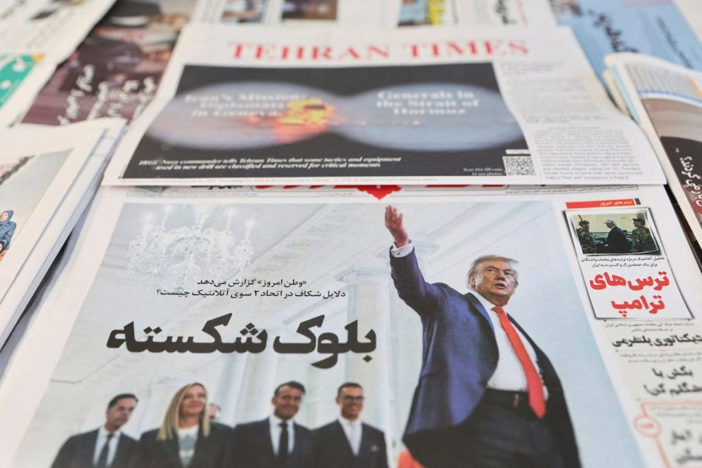 A collection of international newspapers featuring headlines about geopolitical instability and Donald Trump.