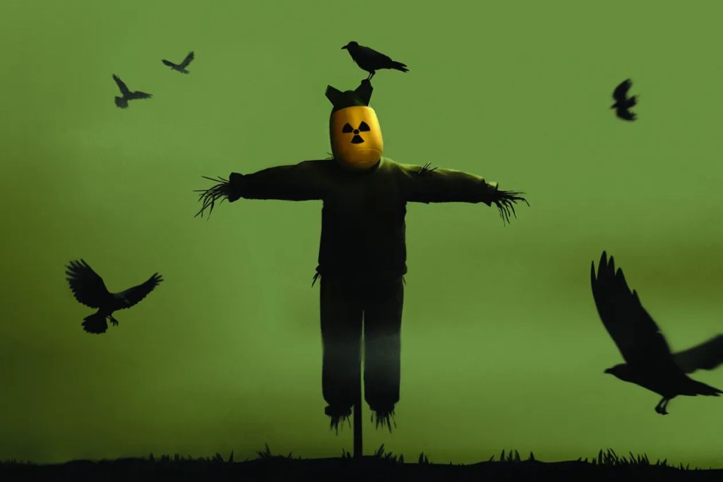 A symbolic scarecrow wearing a nuclear radiation hazard helmet with crows circling.