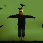 A symbolic scarecrow wearing a nuclear radiation hazard helmet with crows circling.
