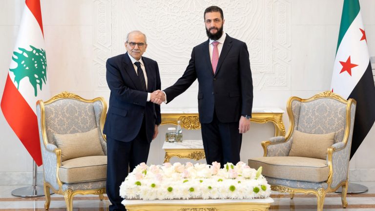 Two men in formal suits shaking hands in front of the flags of Lebanon and Syria.