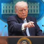 Donald Trump speaking at a podium in front of the White House seal.
