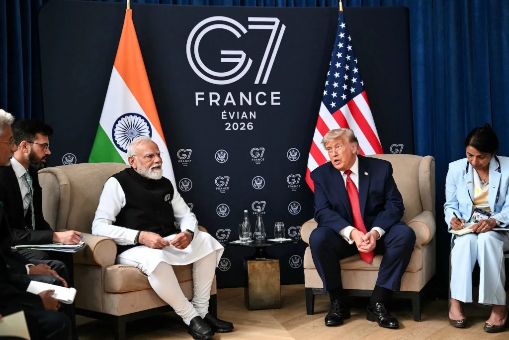 Prime Minister Narendra Modi and President Donald Trump in a formal meeting at the G7 Summit.
