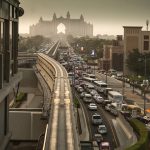 Heavy traffic on a highway in the Middle East with iconic buildings in the background.