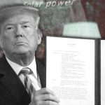 A montage image of Donald Trump holding a document, superimposed over US currency and an Iranian flag.