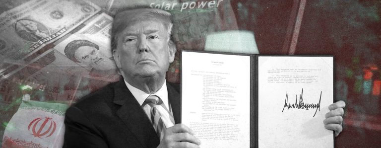 A montage image of Donald Trump holding a document, superimposed over US currency and an Iranian flag.