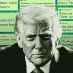 A portrait of Donald Trump overlaid with a collage of various digital news headlines regarding U.S. government policy and data management.