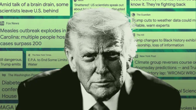 A portrait of Donald Trump overlaid with a collage of various digital news headlines regarding U.S. government policy and data management.