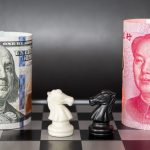 A chess board featuring a US dollar bill and a Chinese yuan bill facing off with knight pieces.