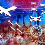 An abstract digital art piece showing white silhouettes of drones and missiles over a circuit board pattern.