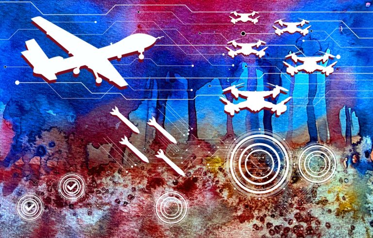 An abstract digital art piece showing white silhouettes of drones and missiles over a circuit board pattern.
