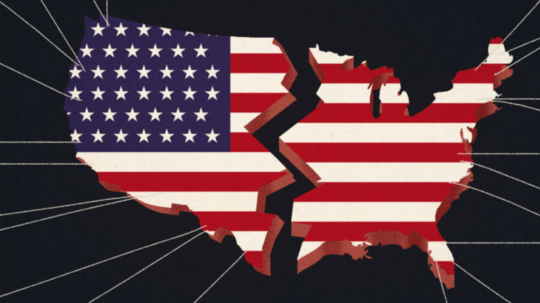 A graphic illustration of the United States flag split in two, representing national division.