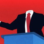 An illustration of a faceless suit and tie standing at a podium, symbolizing a leadership void.