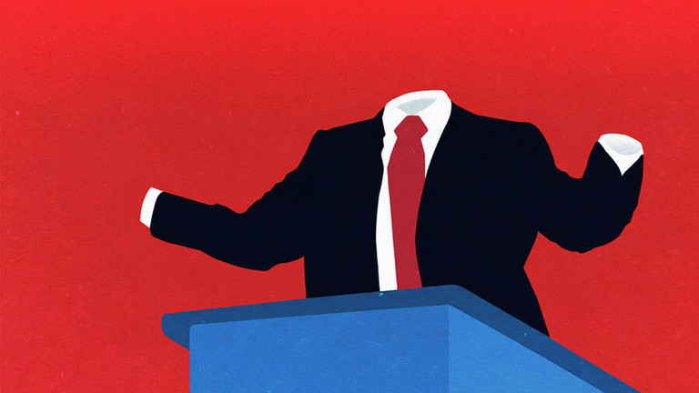 An illustration of a faceless suit and tie standing at a podium, symbolizing a leadership void.
