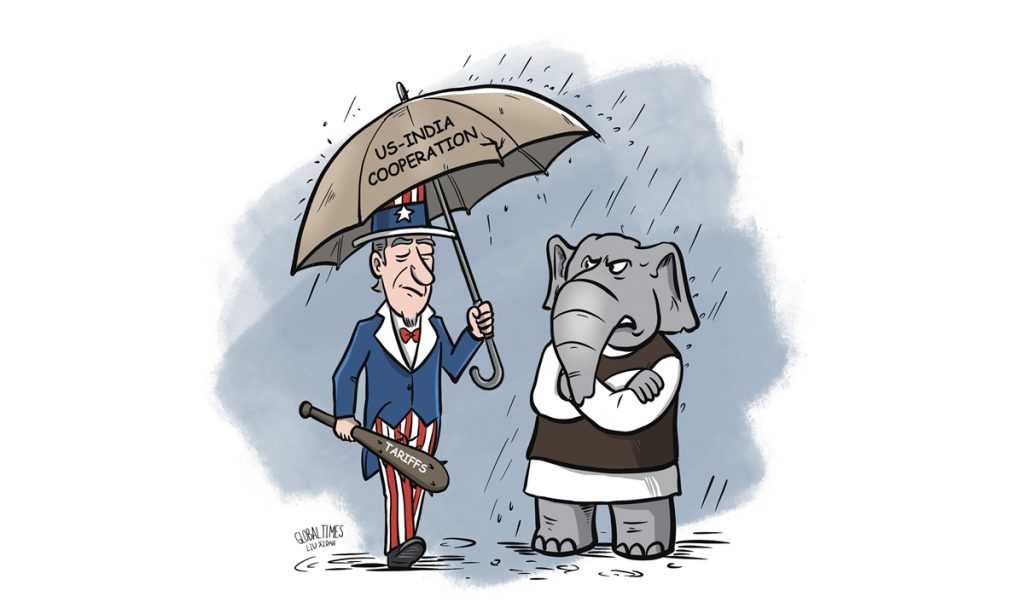 Political cartoon showing Uncle Sam holding a broken umbrella labeled US-India Cooperation while holding a club labeled Tariffs, facing an angry elephant representing India.