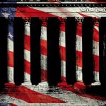 An artistic rendering of the U.S. Supreme Court building overlaid with a glowing American flag.