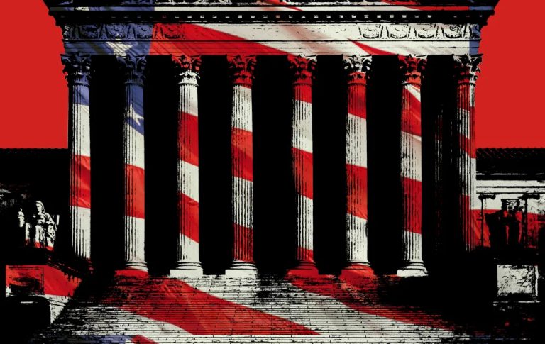 An artistic rendering of the U.S. Supreme Court building overlaid with a glowing American flag.