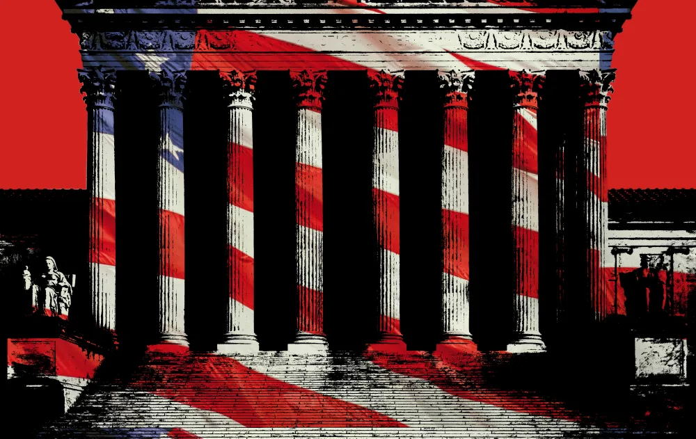 An artistic rendering of the U.S. Supreme Court building overlaid with a glowing American flag.