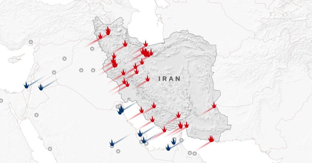 A map showing military strike vectors across Iran.